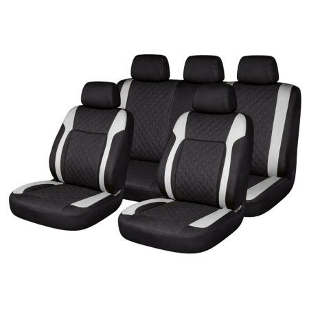 Huse Auto - Set huse scaune auto Premium, model DIAMOND Core, design Sportiv,  universale, ergonomice, Piele Ecologica Matlasata, culoare Negru/Gri