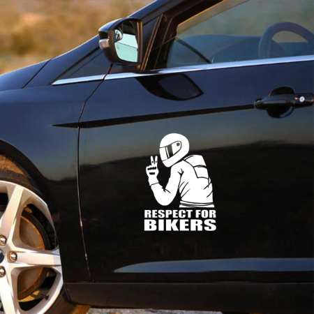 Stickere si Printuri - Sticker autoadeziv pentru vehicule Off Road, model "Respect For Bikers", dimensiune 17 x 12 cm, culoare Alba