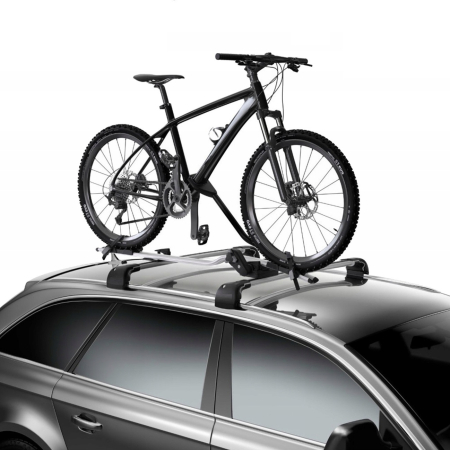 Accesorii Biciclete - Suport auto pentru transport bicicleta in pozitie verticala, montaj rapid pe barele transversale, capacitate 15kg