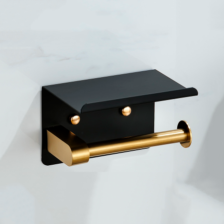 Accesorii Casa>Baie - Bucatarie - Suport pentru hartie igienica cu raft suplimentar, din otel, culoare neagra cu brat auriu