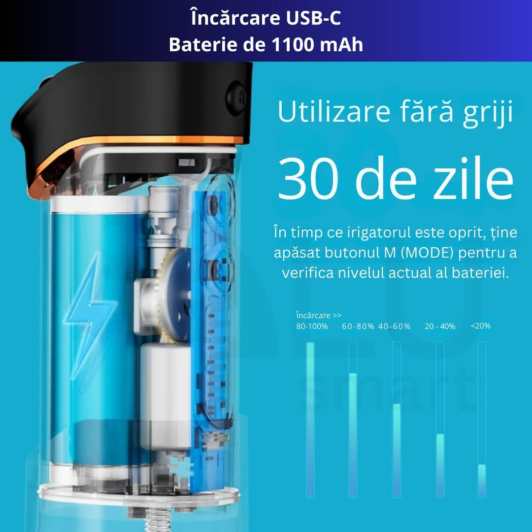 Irigator Oral Profesional pentru Duș Bucal cu Rezervor Retractabil iBLU Smart, Slim, 5 Moduri de Curățare, 1400-1800 Pulsații/min, 4 Capete cu Rotație 360°, Rezervor 180 ml Detașabil, Gravity Ball, IPX7 Waterproof, Baterie 1100 mAh, USB-C, Negru
