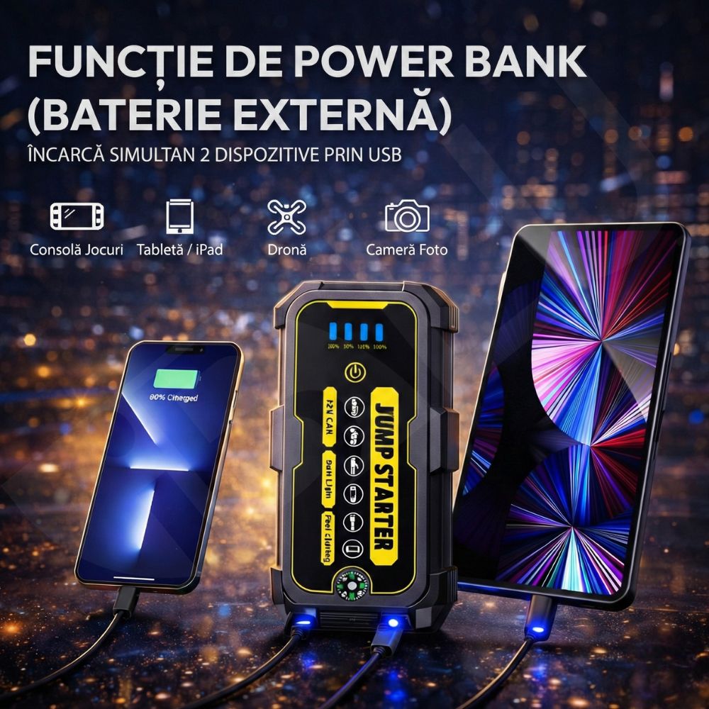 Starter Auto Portabil iBLU smart™, Starter Baterie Auto 500A-1000A, Baterie 6000mAh/22200 mWh, Funcție Power Bank, Lanternă LED 4 Moduri, Busolă, Pentru Motoare 12V, Benzină 6.0L/Diesel 3.0L, Protecție Anti-Scântei, USB-C, Gri/Galben