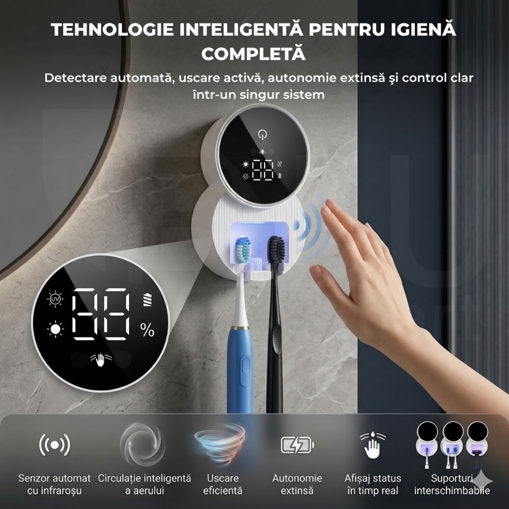 Sterilizator UV inteligent iBLU smart montat pe perete, cu senzor de deschidere automată activat cu mâna, uscând periuțe de dinți electrice și manuale.