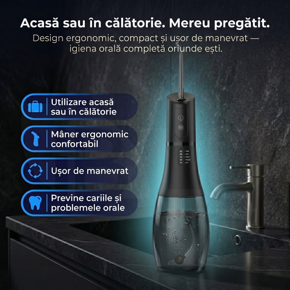 Design ergonomic și baterie cu autonomie extinsă a irigatorului oral iBLU smart, ideal pentru călătorii