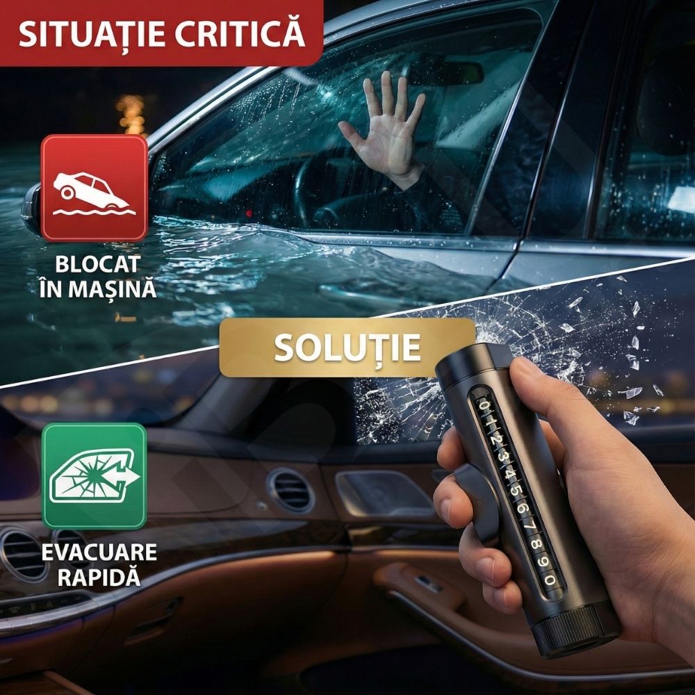 Suport Număr Telefon Auto iBLU smart™ 3-în-1 cu Cifre Rotative (Rulou), Privacy Mode, Ciocan Urgență Tungsten cu Arc (Spargere geam lateral fără efort), Cutter Centură, Include Geam Testare, Aluminiu, Rezistent la temperaturi înalte, Negru