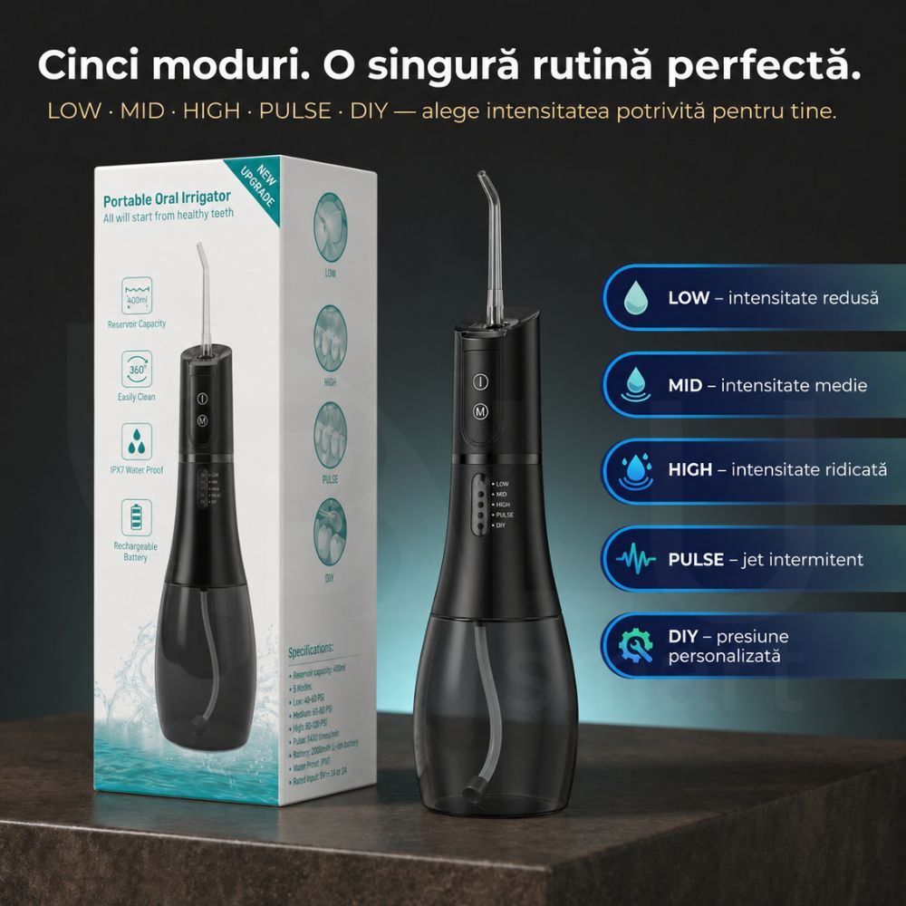 Beneficii duș bucal iBLU smart: rezervor 400ml, 6 capete interschimbabile, 5 intensități și protecție IPX7