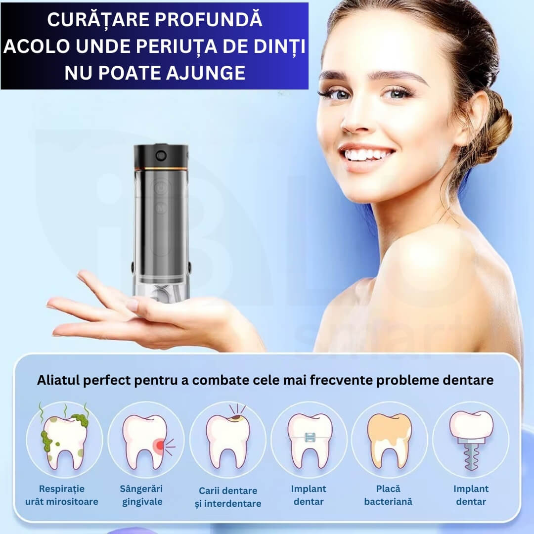 Irigator Oral Profesional pentru Duș Bucal cu Rezervor Retractabil iBLU Smart, Slim, 5 Moduri de Curățare, 1400-1800 Pulsații/min, 4 Capete cu Rotație 360°, Rezervor 180 ml Detașabil, Gravity Ball, IPX7 Waterproof, Baterie 1100 mAh, USB-C, Negru