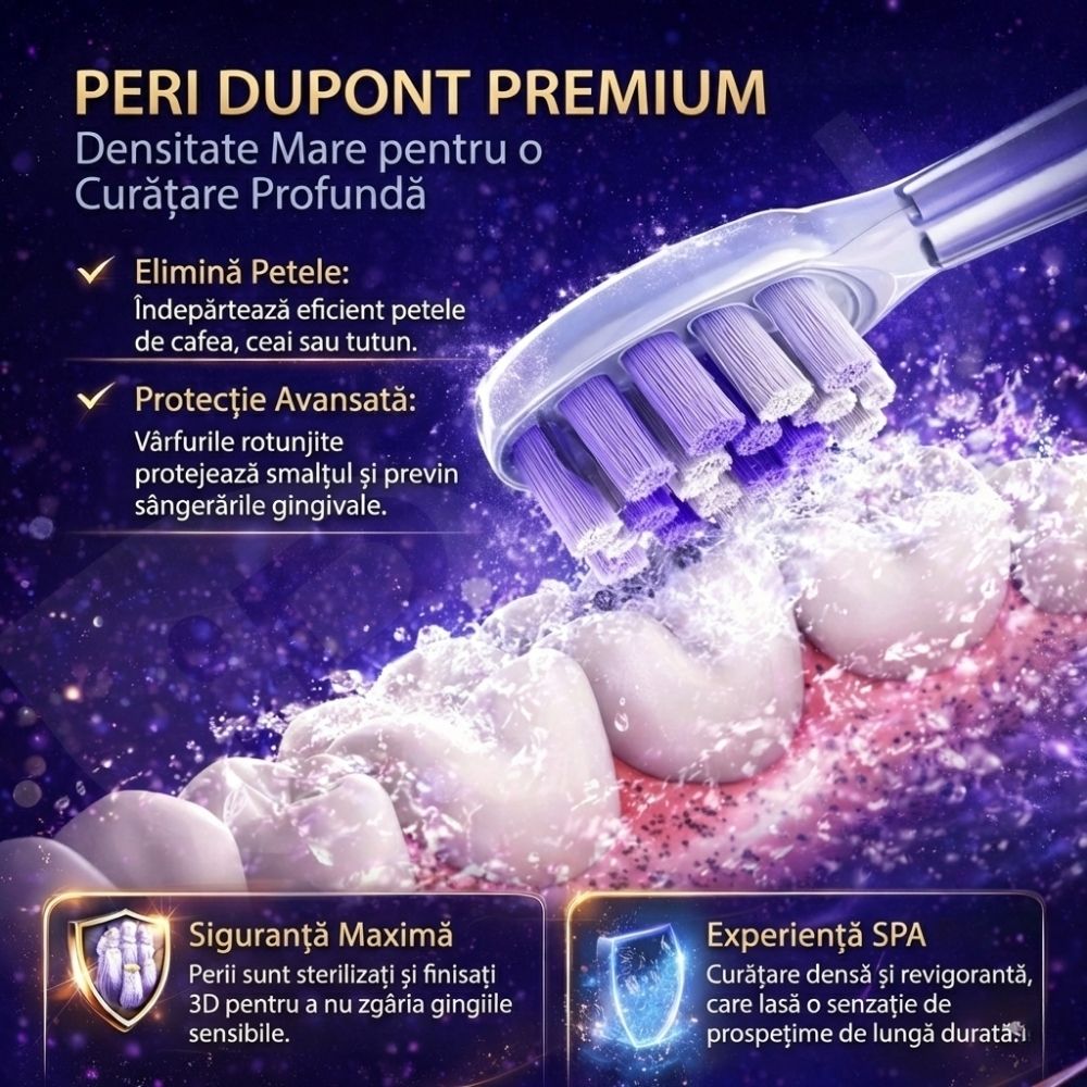 Periuță de Dinți Electrică iBLU smart™ PRO cu Funcție de Sterilizare UV, 5 Programe de Curățare, Motor Maglev 48.000 VPM cu Oscilație 60° (Tehnica Bass), Design Metalic Unibody, 6 Capete DuPont, Baterie 1200mAh, Argintiu
