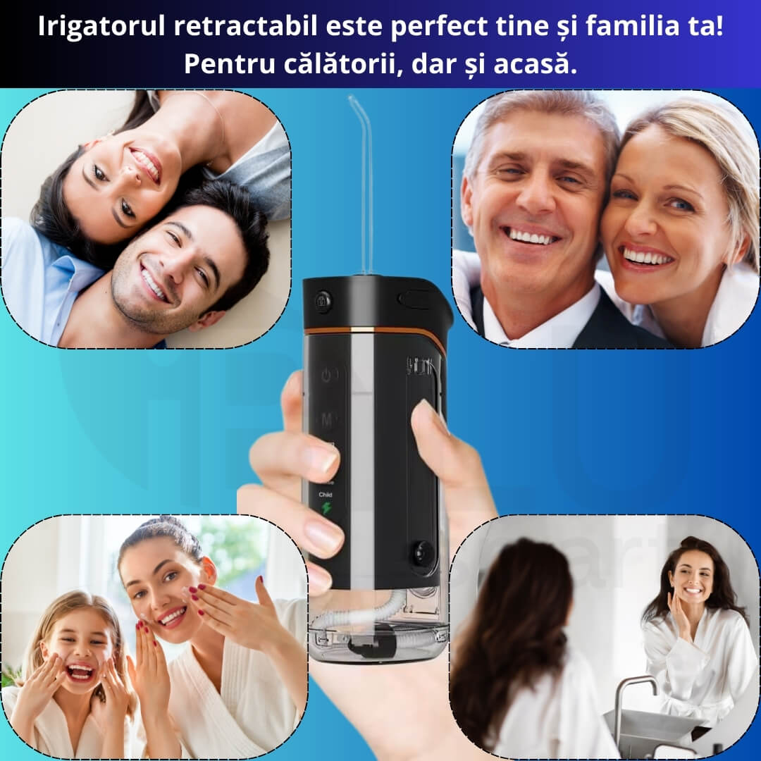Irigator Oral Profesional pentru Duș Bucal cu Rezervor Retractabil iBLU Smart, Slim, 5 Moduri de Curățare, 1400-1800 Pulsații/min, 4 Capete cu Rotație 360°, Rezervor 180 ml Detașabil, Gravity Ball, IPX7 Waterproof, Baterie 1100 mAh, USB-C, Negru