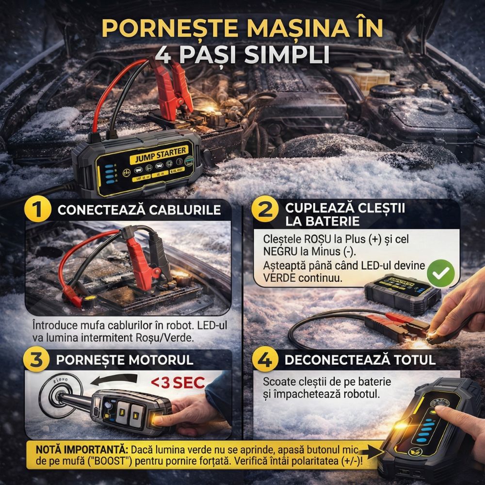 Starter Auto Portabil iBLU smart™, Starter Baterie Auto 500A-1000A, Baterie 6000mAh/22200 mWh, Funcție Power Bank, Lanternă LED 4 Moduri, Busolă, Pentru Motoare 12V, Benzină 6.0L/Diesel 3.0L, Protecție Anti-Scântei, USB-C, Gri/Galben