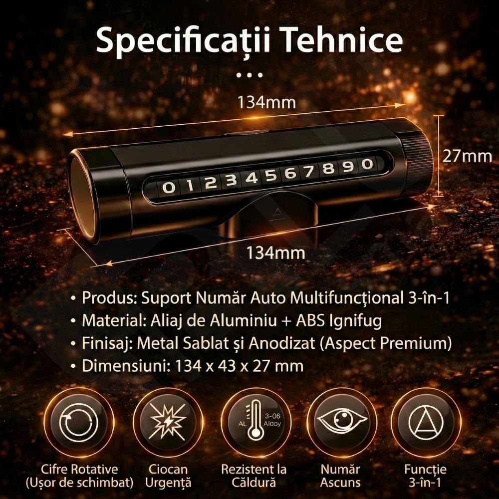 Suport Număr Telefon Auto iBLU smart™ 3-în-1 cu Cifre Rotative (Rulou), Privacy Mode, Ciocan Urgență Tungsten cu Arc (Spargere geam lateral fără efort), Cutter Centură, Include Geam Testare, Aluminiu, Rezistent la temperaturi înalte, Negru