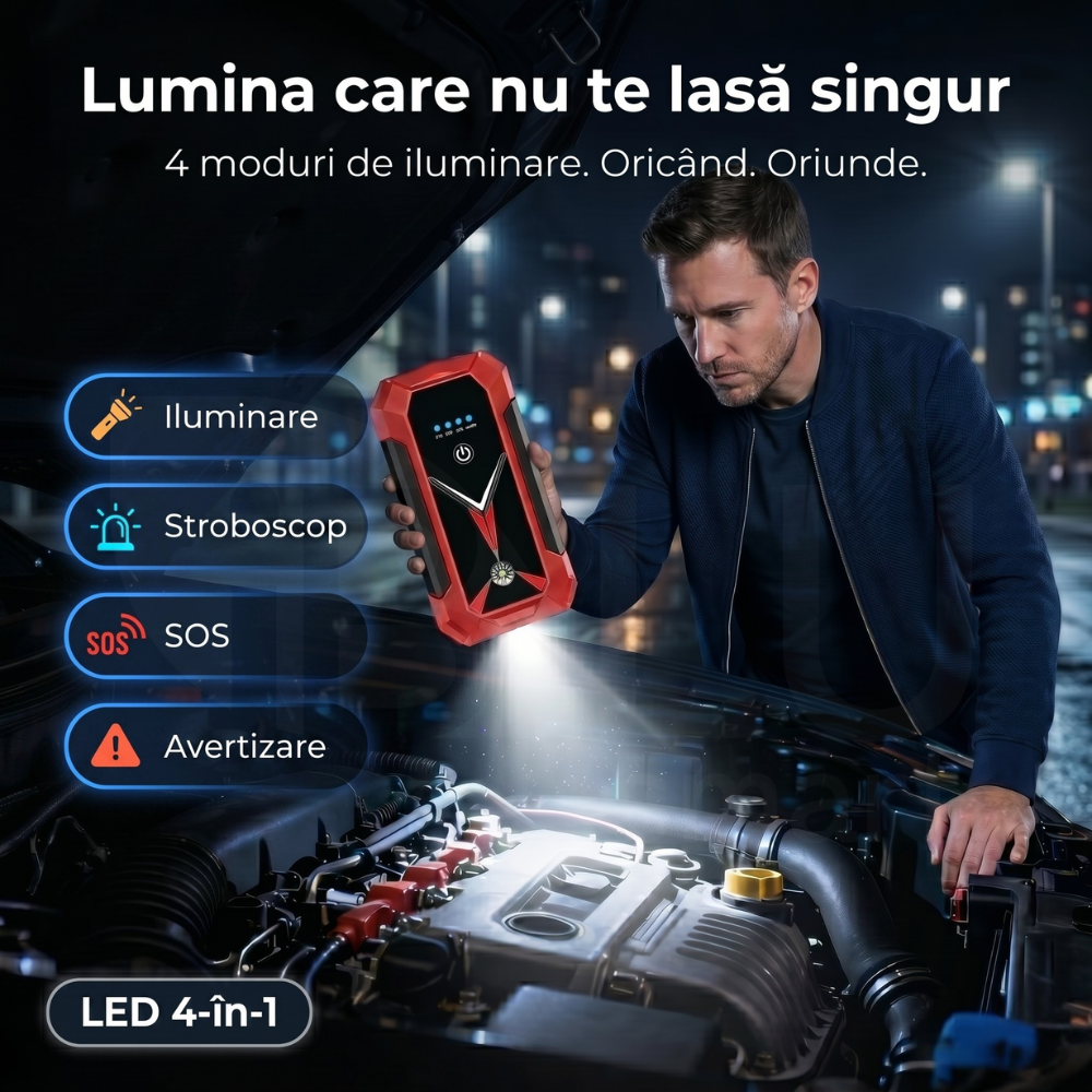 Lanternă LED starter auto iBLU smart cu mod SOS și lumină de avertizare