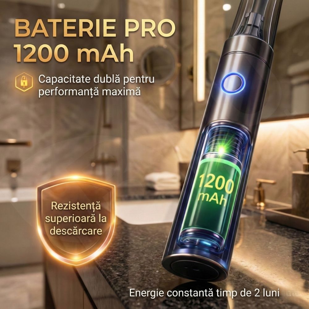 Periuță de Dinți Electrică iBLU smart™ PRO cu Funcție de Sterilizare UV, 5 Programe de Curățare, Motor Maglev 48.000 VPM cu Oscilație 60° (Tehnica Bass), Design Metalic Unibody, 6 Capete DuPont, Baterie 1200mAh, Argintiu