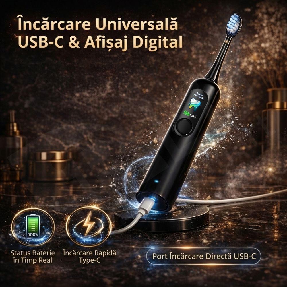 Periuță de Dinți Electrică Sonică iBLU smart™ PRO, Display Digital LCD, Tehnologie Hibridă (Vibrații + Oscilații Ample 60°), Motor Maglev 38.400 VPM, Capăt Anti-Șoc, Baterie 1200mAh (35 Zile), Încărcare USB-C, Pachet cu 6 Rezerve și Toc Transport, Negru