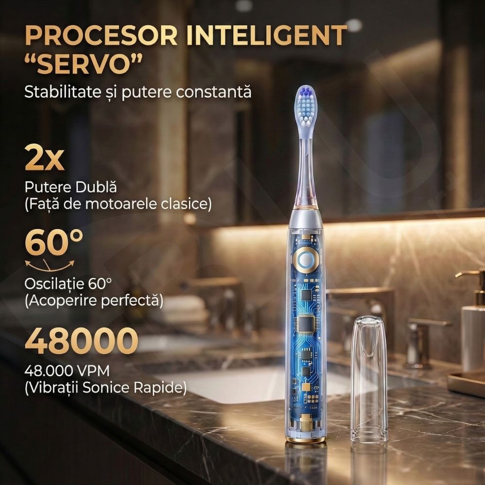 Periuță de Dinți Electrică iBLU smart™ PRO cu Funcție de Sterilizare UV, 5 Programe de Curățare, Motor Maglev 48.000 VPM cu Oscilație 60° (Tehnica Bass), Design Metalic Unibody, 6 Capete DuPont, Baterie 1200mAh, Argintiu