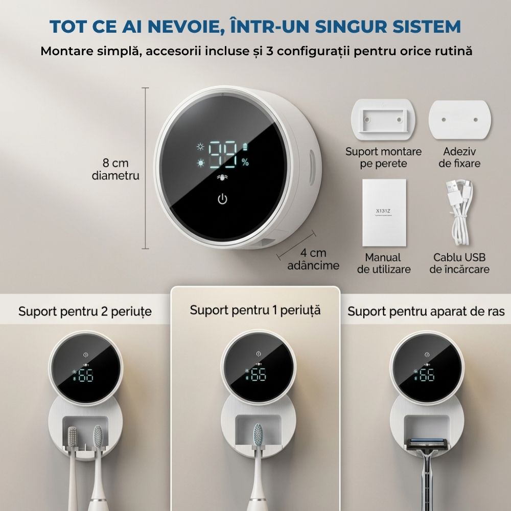 Accesorii incluse și configurații interschimbabile pentru sterilizatorul iBLU smart: suport pentru două periuțe, o singură periuță sau pentru sterilizarea aparatului de ras.