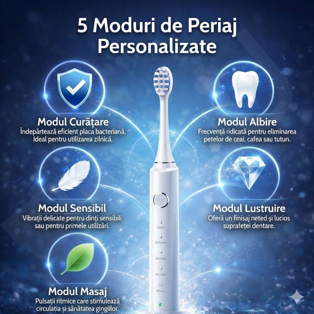 Periuță de Dinți Electrică Sonică iBLU smart, Motor Maglev 38.400 VPM, 5 Moduri de Curățare, Timer Inteligent, Pachet Complet cu 6 Rezerve și Toc de Transport, Autonomie 30 Zile, Încărcare Wireless, Waterproof IPX7, Alb