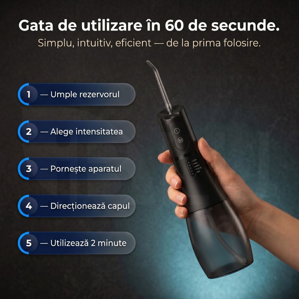 Rutină rapidă și eficientă de igienă orală în doar 60 de secunde folosind irigatorul portabil iBLU smart