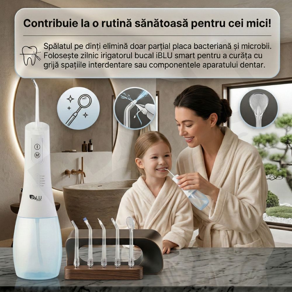 Irigator Oral Profesional pentru Duș bucal iBLU smart, Portabil, 1400-1800 Pulsatii/min, 6 Capete cu Rotație 360, 5 Programe de Lucru, Rezervor cu Gravity Ball Complet Detașabil 400 ml, IPX7 Waterproof, Timer 2min, Încărcare USB-C, Baterie 1100 mAh, Alb