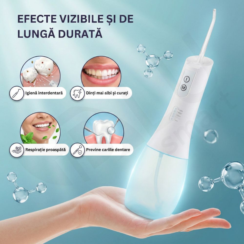 Irigator Oral Profesional pentru Duș bucal iBLU smart, Portabil, 1400-1800 Pulsatii/min, 6 Capete cu Rotație 360, 5 Programe de Lucru, Rezervor cu Gravity Ball Complet Detașabil 400 ml, IPX7 Waterproof, Timer 2min, Încărcare USB-C, Baterie 1100 mAh, Alb