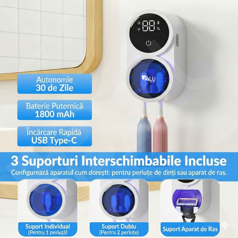 Sterilizator UV Portabil pentru 2 periute de dinti iBLU smart, Distruge 99.99% din bacterii, Suport periute dinti Inteligent cu functie de uscare, Senzor deschidere-inchidere automata, Dezinfectare continua 24/7, Display HD, Montaj facil fara gauri, Alb