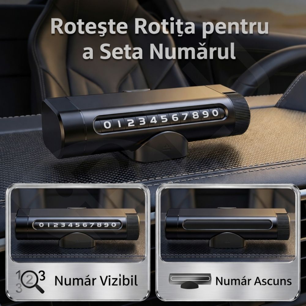Suport Număr Telefon Auto iBLU smart™ 3-în-1 cu Cifre Rotative (Rulou), Privacy Mode, Ciocan Urgență Tungsten cu Arc (Spargere geam lateral fără efort), Cutter Centură, Include Geam Testare, Aluminiu, Rezistent la temperaturi înalte, Negru