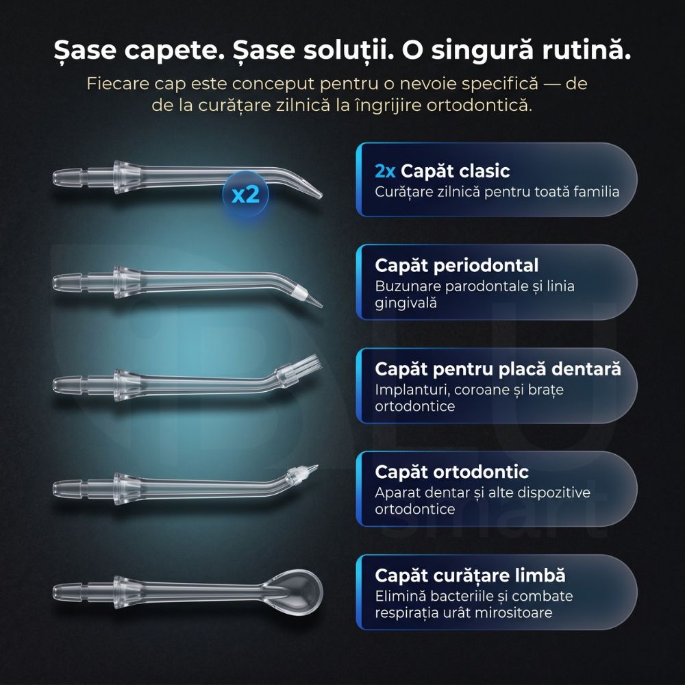 Cele 6 capete specializate ale irigatorului iBLU smart pentru curățarea limbii, a implanturilor și a aparatului dentar
