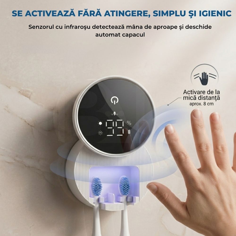 Senzor cu infraroșu touchless al sterilizatorului iBLU smart care deschide automat capacul de la o distanță de 8 cm pentru o igienă sigură, fără atingere.