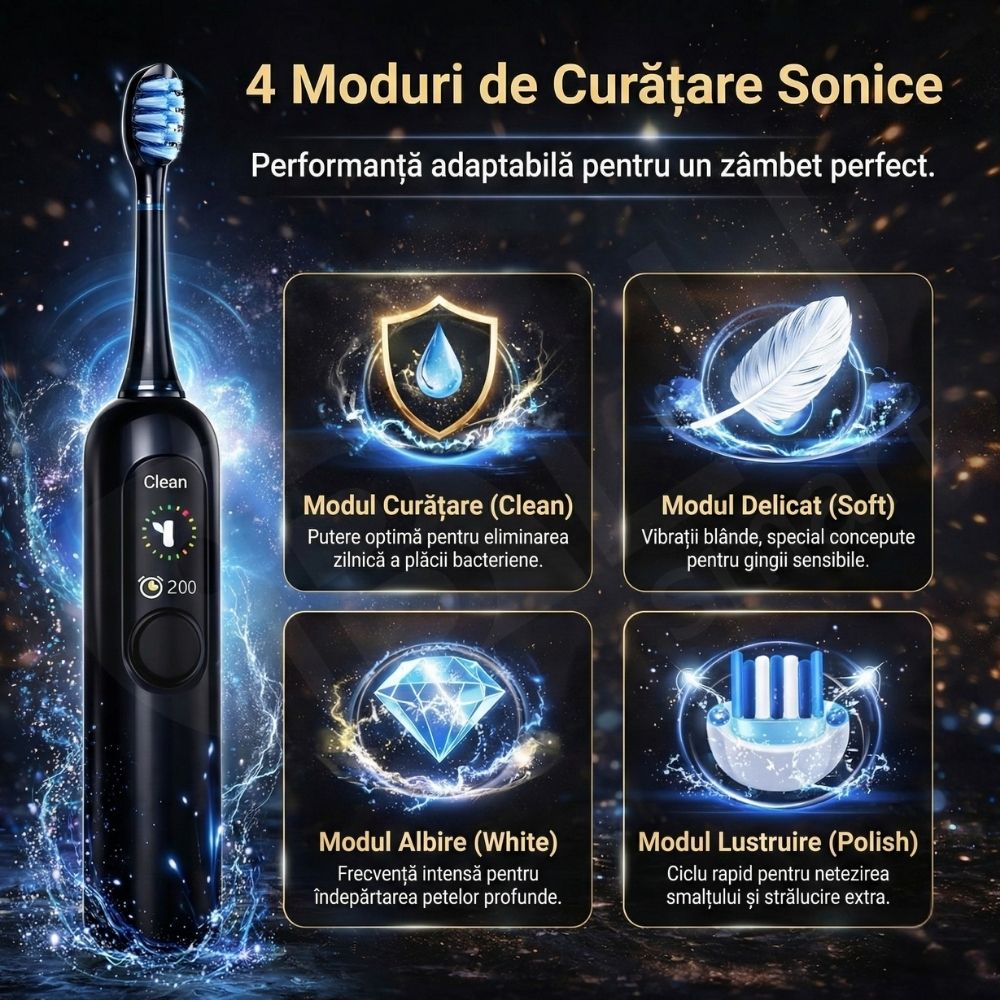Periuță de Dinți Electrică Sonică iBLU smart™ PRO, Display Digital LCD, Tehnologie Hibridă (Vibrații + Oscilații Ample 60°), Motor Maglev 38.400 VPM, Capăt Anti-Șoc, Baterie 1200mAh (35 Zile), Încărcare USB-C, Pachet cu 6 Rezerve și Toc Transport, Negru