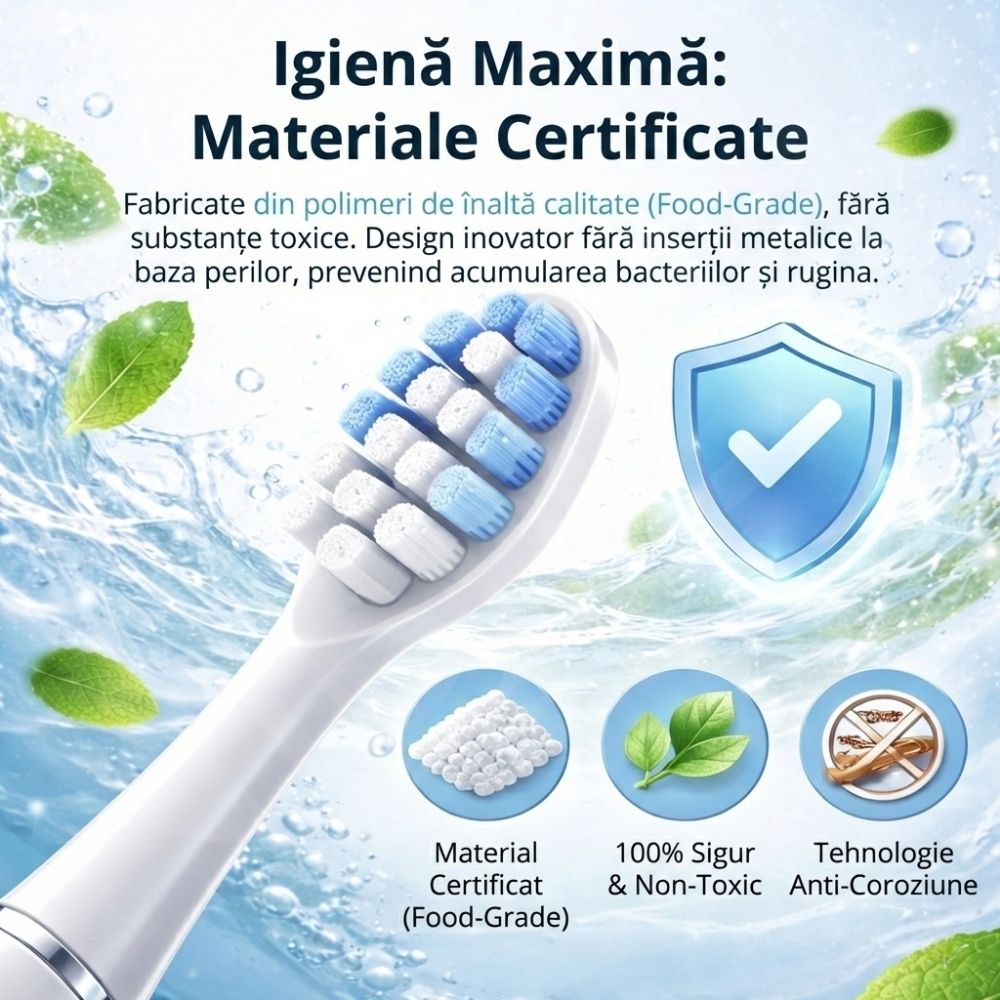 Periuță de Dinți Electrică Sonică iBLU smart, Motor Maglev 38.400 VPM, 5 Moduri de Curățare, Timer Inteligent, Pachet Complet cu 6 Rezerve și Toc de Transport, Autonomie 30 Zile, Încărcare Wireless, Waterproof IPX7, Alb