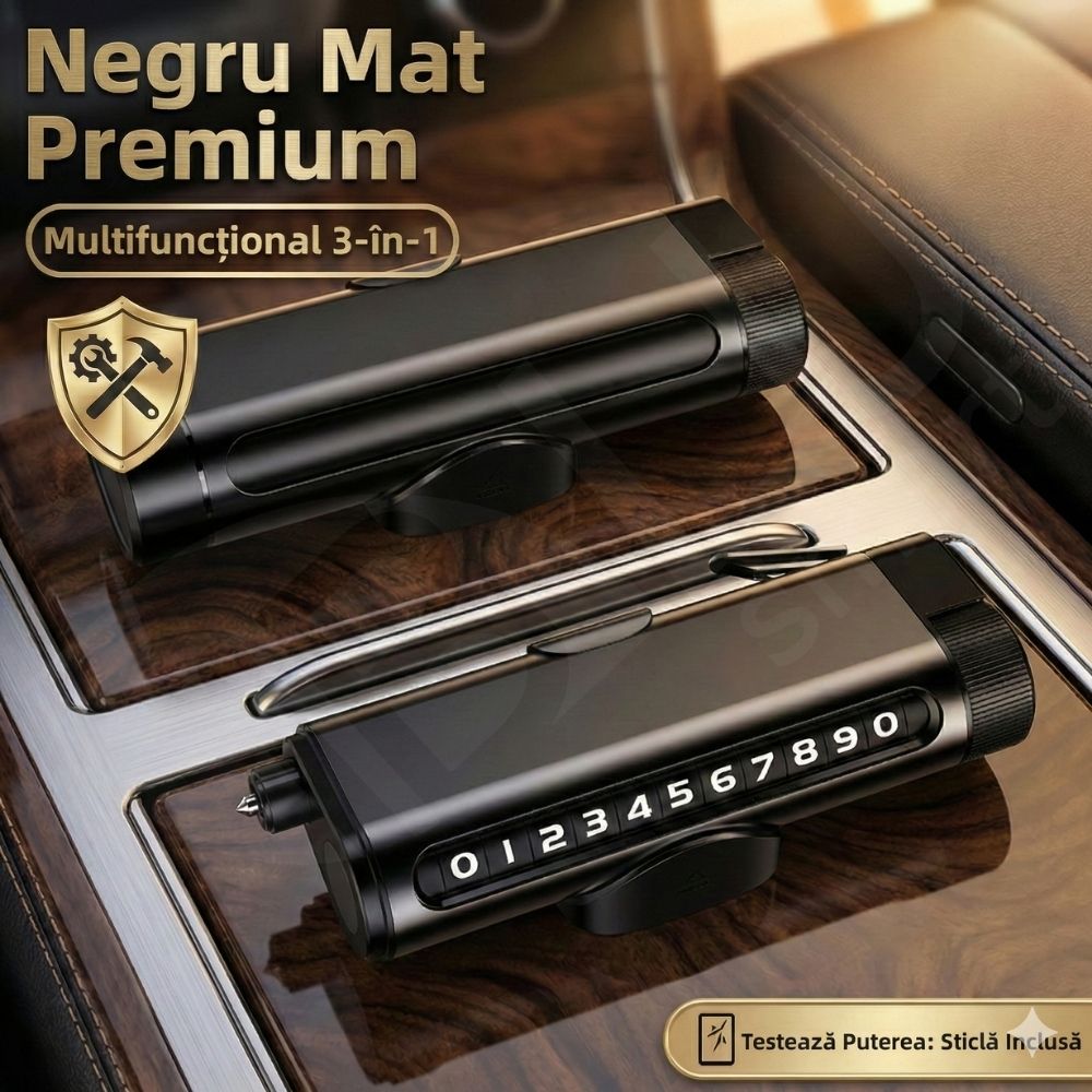 Suport Număr Telefon Auto iBLU smart™ 3-în-1 cu Cifre Rotative (Rulou), Privacy Mode, Ciocan Urgență Tungsten cu Arc (Spargere geam lateral fără efort), Cutter Centură, Include Geam Testare, Aluminiu, Rezistent la temperaturi înalte, Negru