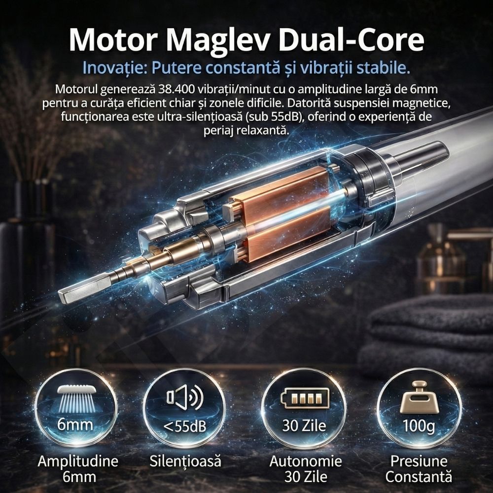 Periuță de Dinți Electrică Sonică iBLU smart, Motor Maglev 38.400 VPM, 5 Moduri de Curățare, Timer Inteligent, Pachet Complet cu 6 Rezerve și Toc de Transport, Autonomie 30 Zile, Încărcare Wireless, Waterproof IPX7, Alb