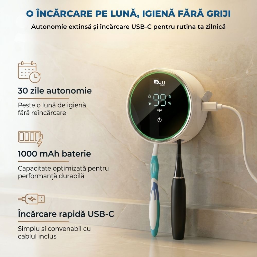 Sterilizator UV iBLU smart conectat la cablul de încărcare USB-C, cu o baterie internă optimizată de 1000 mAh ce oferă până la 30 de zile de autonomie.
