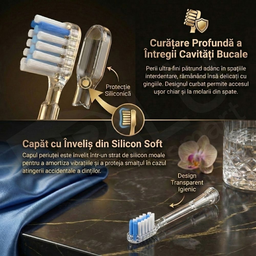 Periuță de Dinți Electrică Sonică iBLU smart™ PRO, Display Digital LCD, Tehnologie Hibridă (Vibrații + Oscilații Ample 60°), Motor Maglev 38.400 VPM, Capăt Anti-Șoc, Baterie 1200mAh (35 Zile), Încărcare USB-C, Pachet cu 6 Rezerve și Toc Transport, Negru