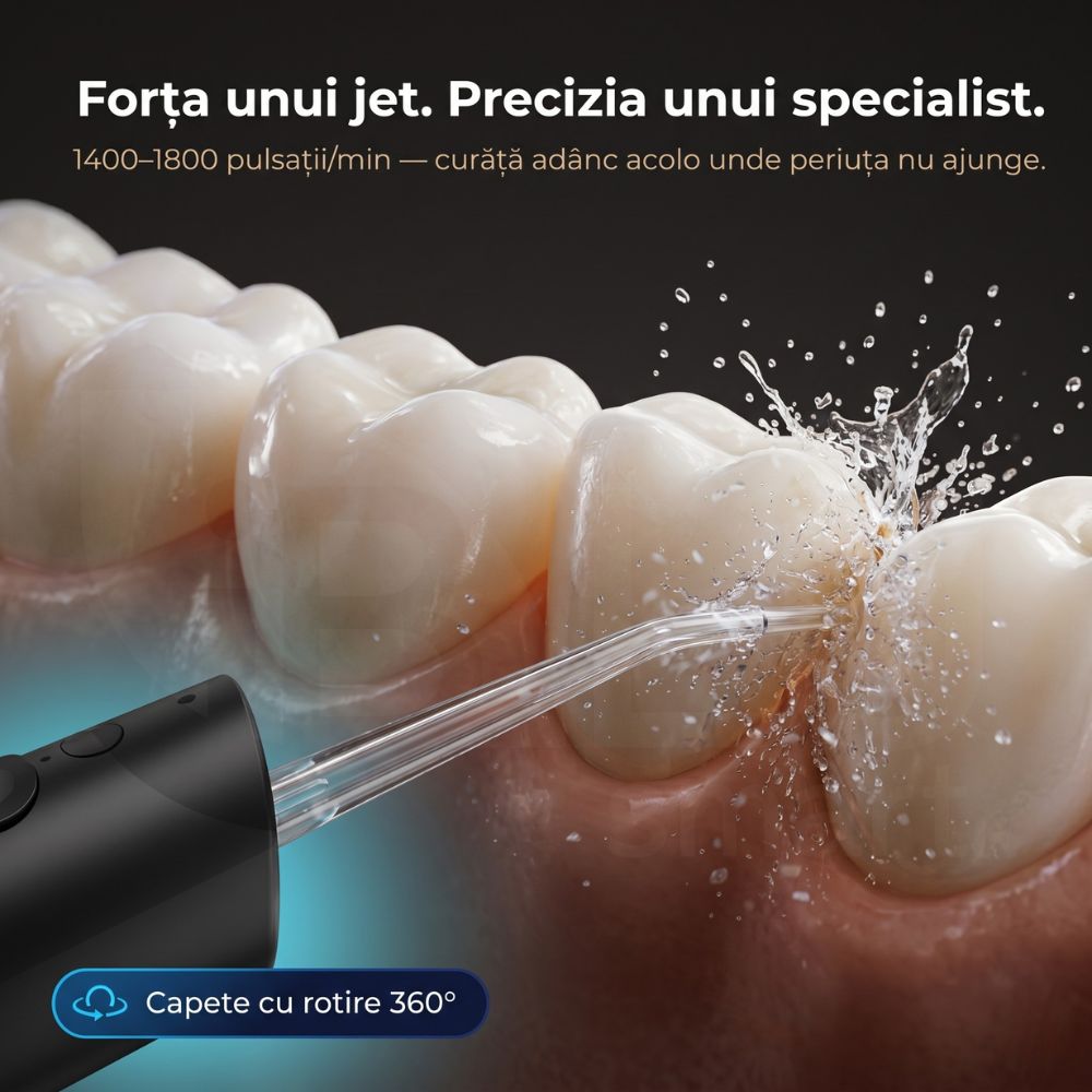 Jet de apă puternic cu 1400-1800 pulsații pe minut al irigatorului iBLU smart pentru îndepărtarea plăcii bacteriene