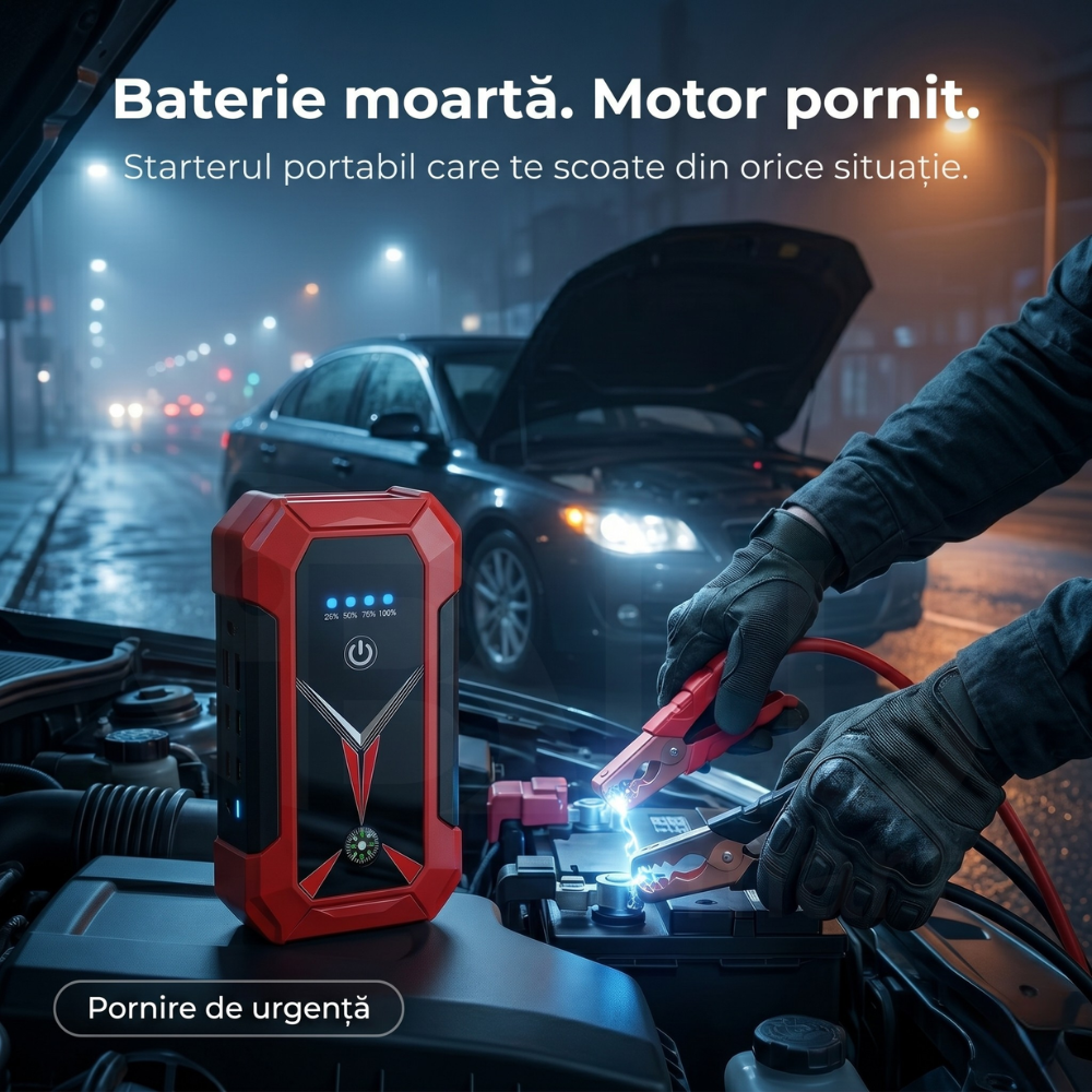 Utilizarea starterului iBLU smart pentru urgențe nocturne pe marginea drumului
