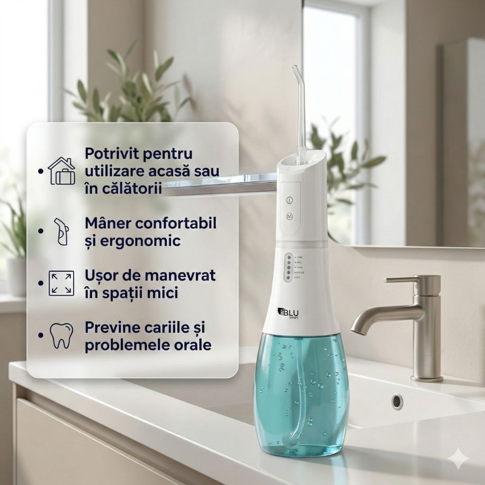 Irigator Oral Profesional pentru Duș bucal iBLU smart, Portabil, 1400-1800 Pulsatii/min, 6 Capete cu Rotație 360, 5 Programe de Lucru, Rezervor cu Gravity Ball Complet Detașabil 400 ml, IPX7 Waterproof, Timer 2min, Încărcare USB-C, Baterie 1100 mAh, Alb