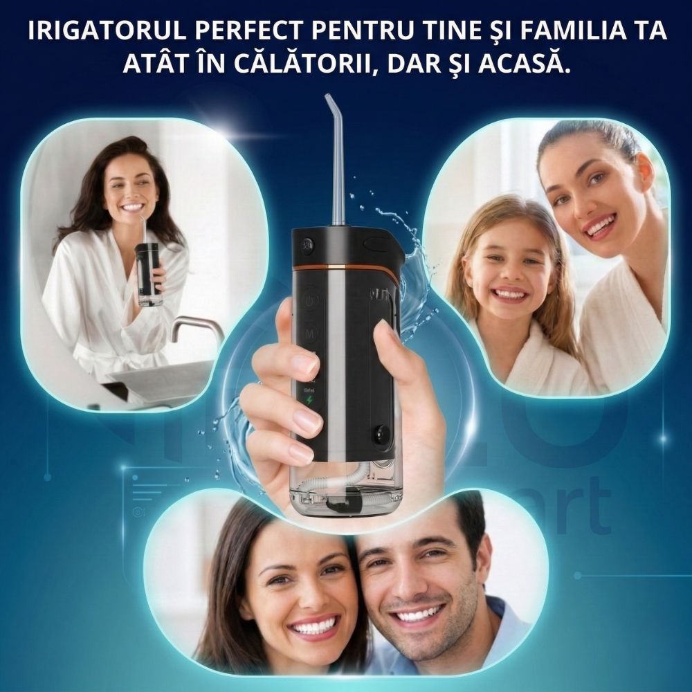 Irigator Oral Profesional pentru Duș Bucal cu Rezervor Retractabil iBLU Smart, Slim, 5 Moduri de Curățare, 1400-1800 Pulsații/min, 4 Capete cu Rotație 360°, Rezervor 180 ml Detașabil, Gravity Ball, IPX7 Waterproof, Baterie 1100 mAh, USB-C, Negru