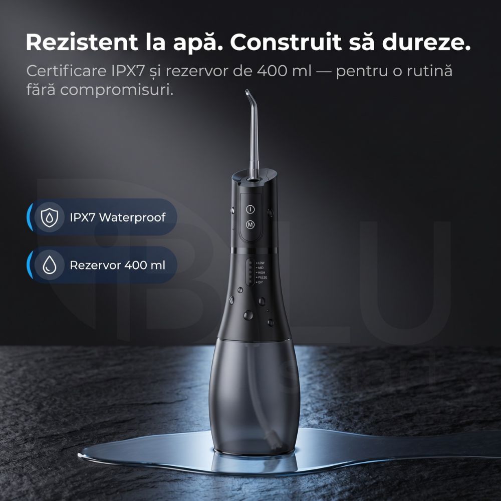 Duș bucal iBLU smart cu rezervor generos de 400 ml pentru o sesiune de curățare orală neîntreruptă