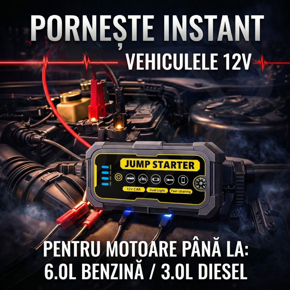 Starter Auto Portabil iBLU smart™, Starter Baterie Auto 500A-1000A, Baterie 6000mAh/22200 mWh, Funcție Power Bank, Lanternă LED 4 Moduri, Busolă, Pentru Motoare 12V, Benzină 6.0L/Diesel 3.0L, Protecție Anti-Scântei, USB-C, Gri/Galben