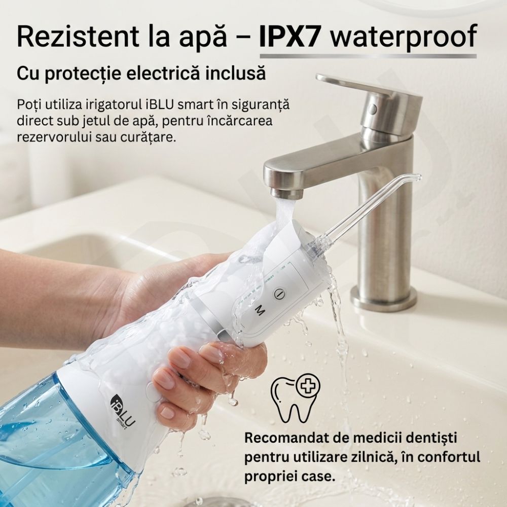 Irigator Oral Profesional pentru Duș bucal iBLU smart, Portabil, 1400-1800 Pulsatii/min, 6 Capete cu Rotație 360, 5 Programe de Lucru, Rezervor cu Gravity Ball Complet Detașabil 400 ml, IPX7 Waterproof, Timer 2min, Încărcare USB-C, Baterie 1100 mAh, Alb