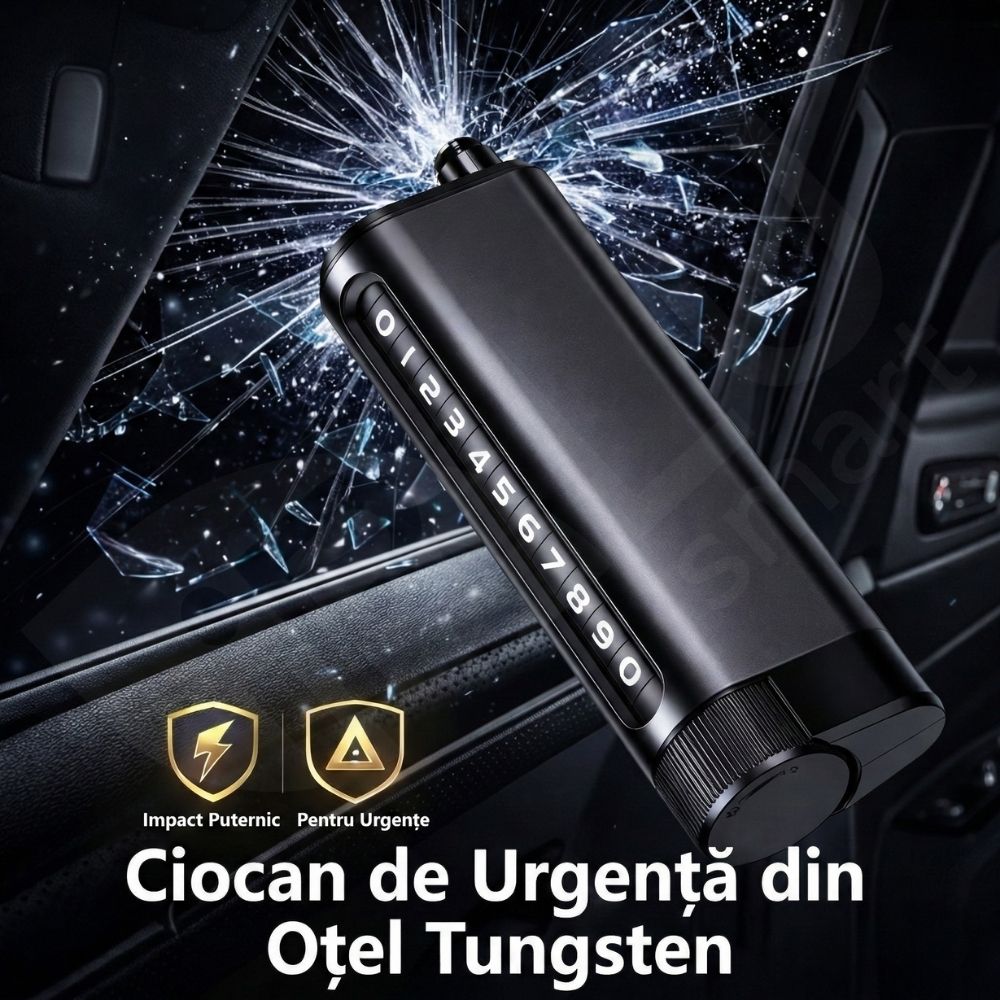 Suport Număr Telefon Auto iBLU smart™ 3-în-1 cu Cifre Rotative (Rulou), Privacy Mode, Ciocan Urgență Tungsten cu Arc (Spargere geam lateral fără efort), Cutter Centură, Include Geam Testare, Aluminiu, Rezistent la temperaturi înalte, Negru