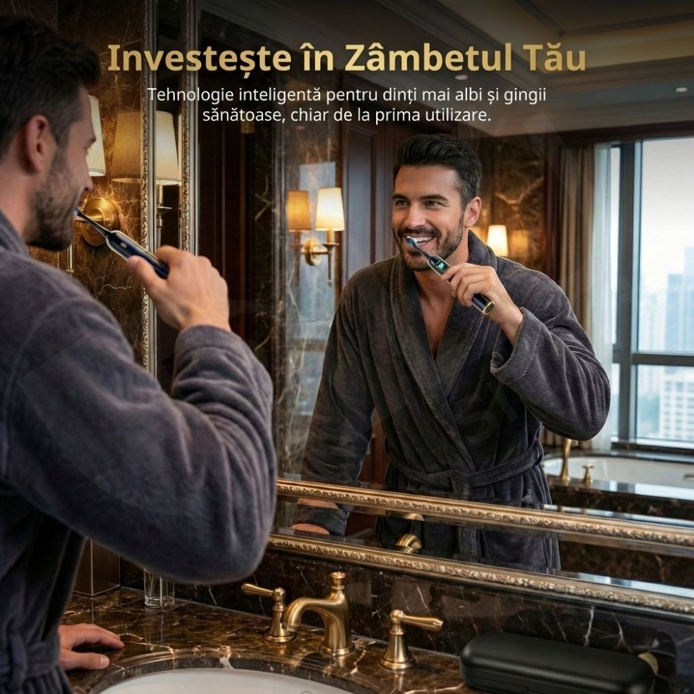 Periuță de Dinți Electrică Sonică iBLU smart™ PRO, Display Digital LCD, Tehnologie Hibridă (Vibrații + Oscilații Ample 60°), Motor Maglev 38.400 VPM, Capăt Anti-Șoc, Baterie 1200mAh (35 Zile), Încărcare USB-C, Pachet cu 6 Rezerve și Toc Transport, Negru