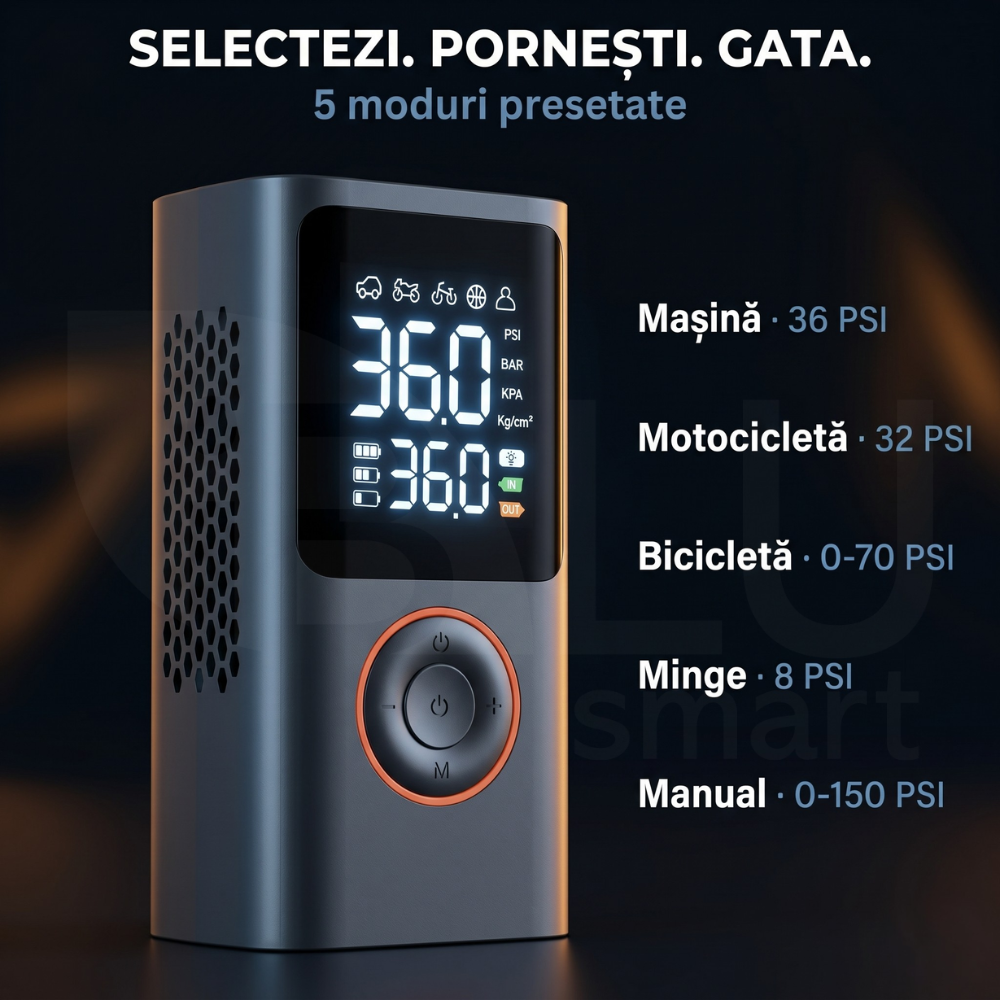 5 moduri presetate — Mașină, Motocicletă, Bicicletă, Minge, Manual
