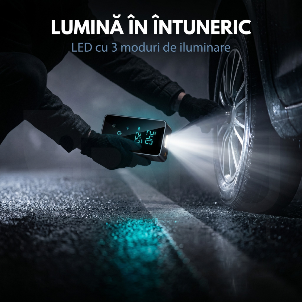Compresor iBLU smart cu lanternă LED aprinsă lângă roata mașinii pe timp de noapte