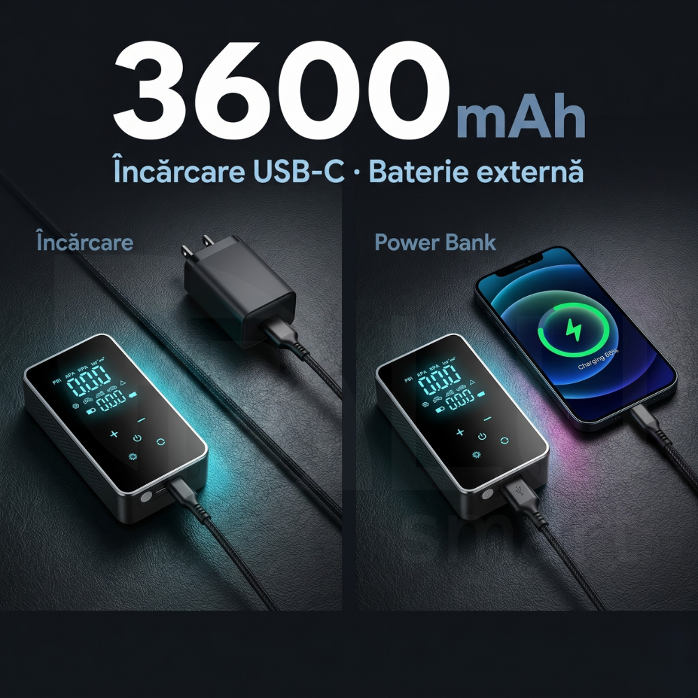 Compresor iBLU smart la încărcare USB-C și folosit ca powerbank pentru telefon