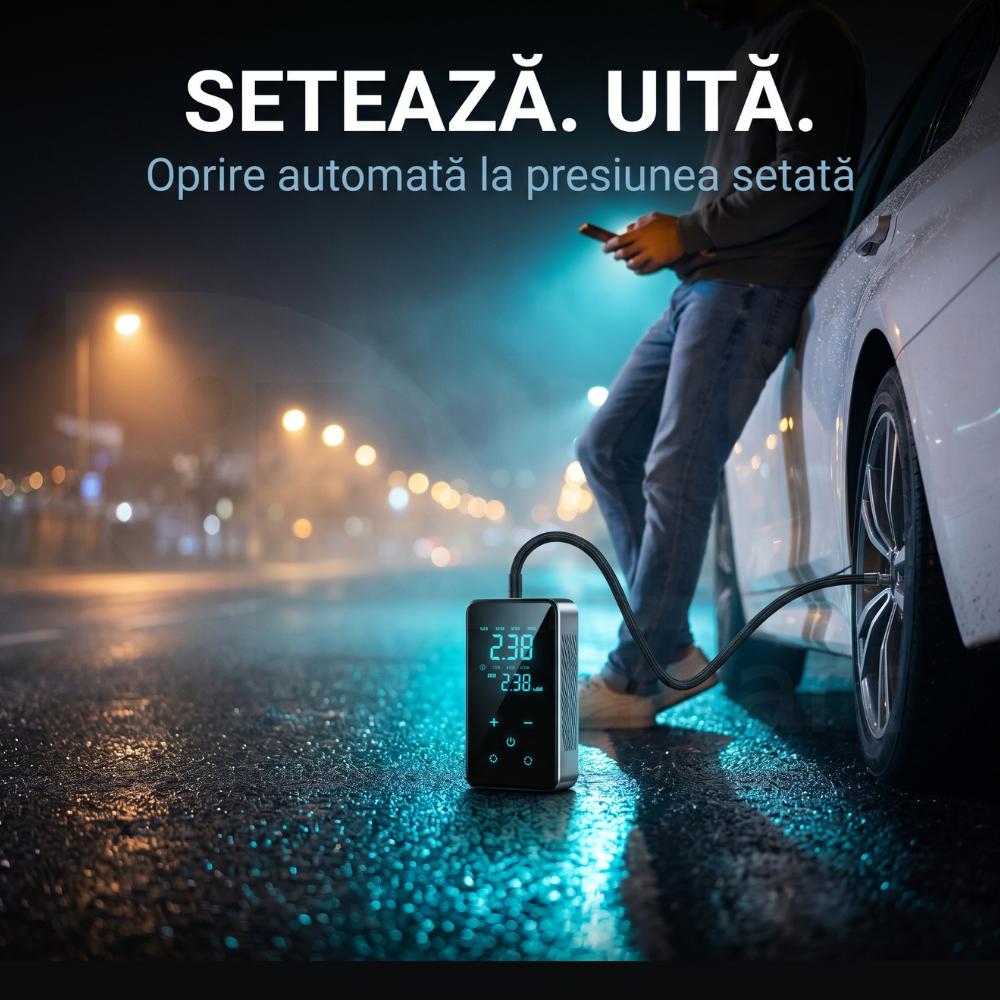 Compresor iBLU smart cu oprire automată, conectat la roata unei mașini noaptea