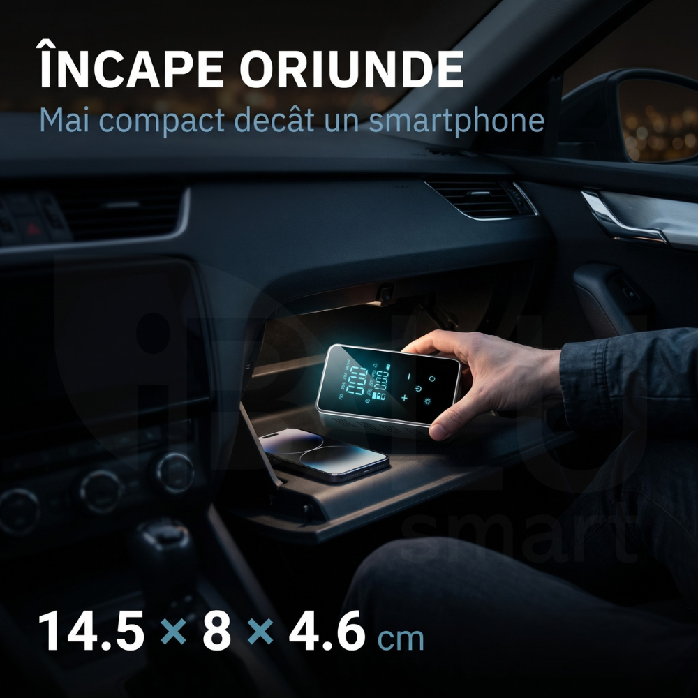 Compresor iBLU smart compact ținut în mână, depozitat în torpedoul mașinii