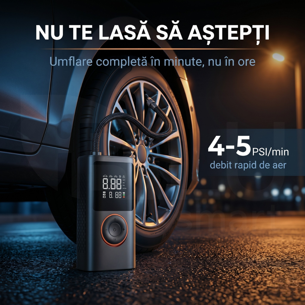 Umflare rapidă — 4-5 PSI/min direct în anvelopă