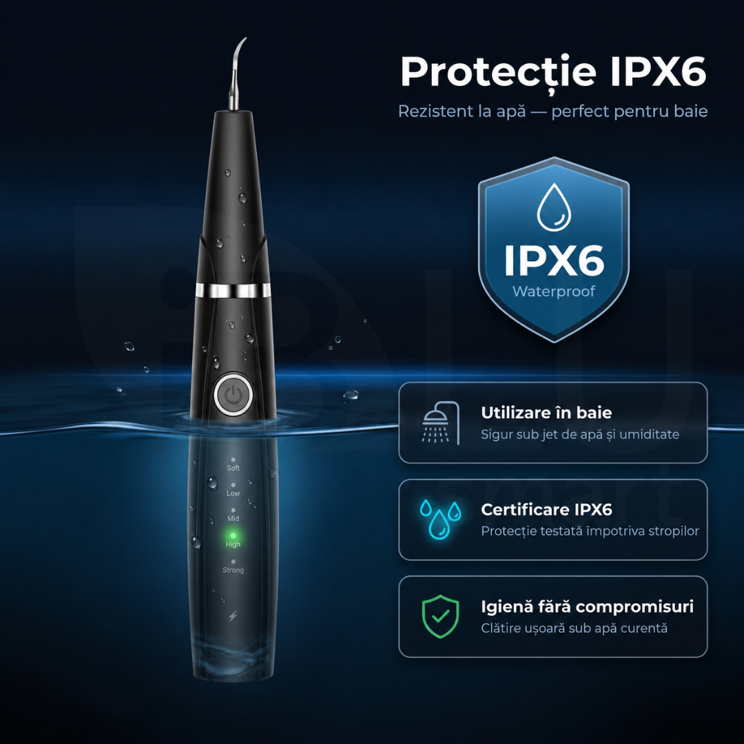 Aparat detartraj ultrasonic iBLU smart cu certificare IPX6 — rezistent la apă, sigur pentru utilizare în baie